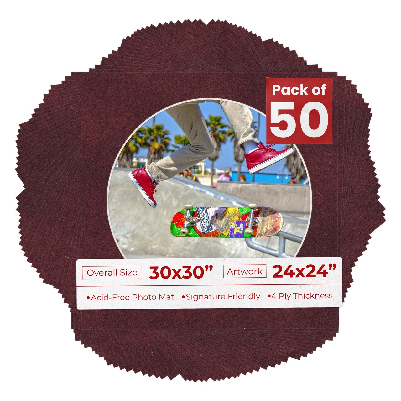 Dark Red Suede Mat Board for 30x30 Frames - Circle Opening for 24x24 Photos